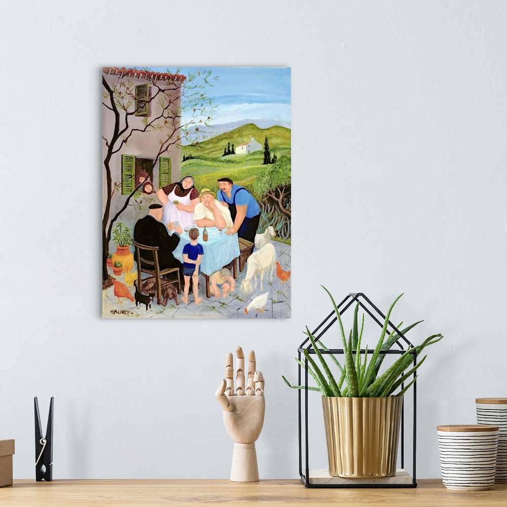 A bohemian room featuring Contemporary painting of people eating outside on a Sunday morning.