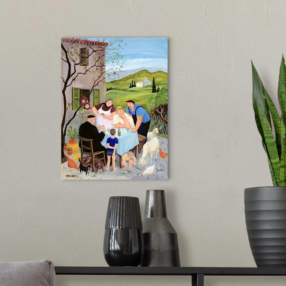 A modern room featuring Contemporary painting of people eating outside on a Sunday morning.