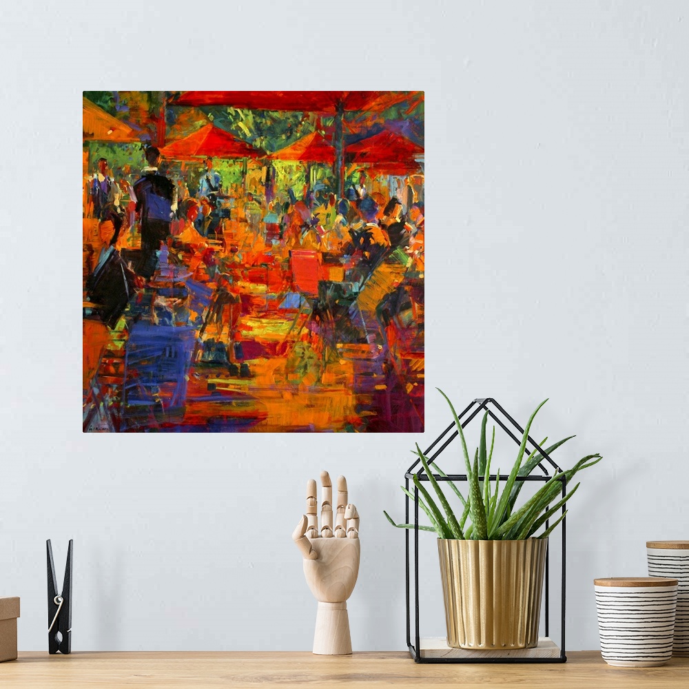 A bohemian room featuring Giant, abstract canvas art of a cafo with many people seated under umbrellas, in a variety of vib...