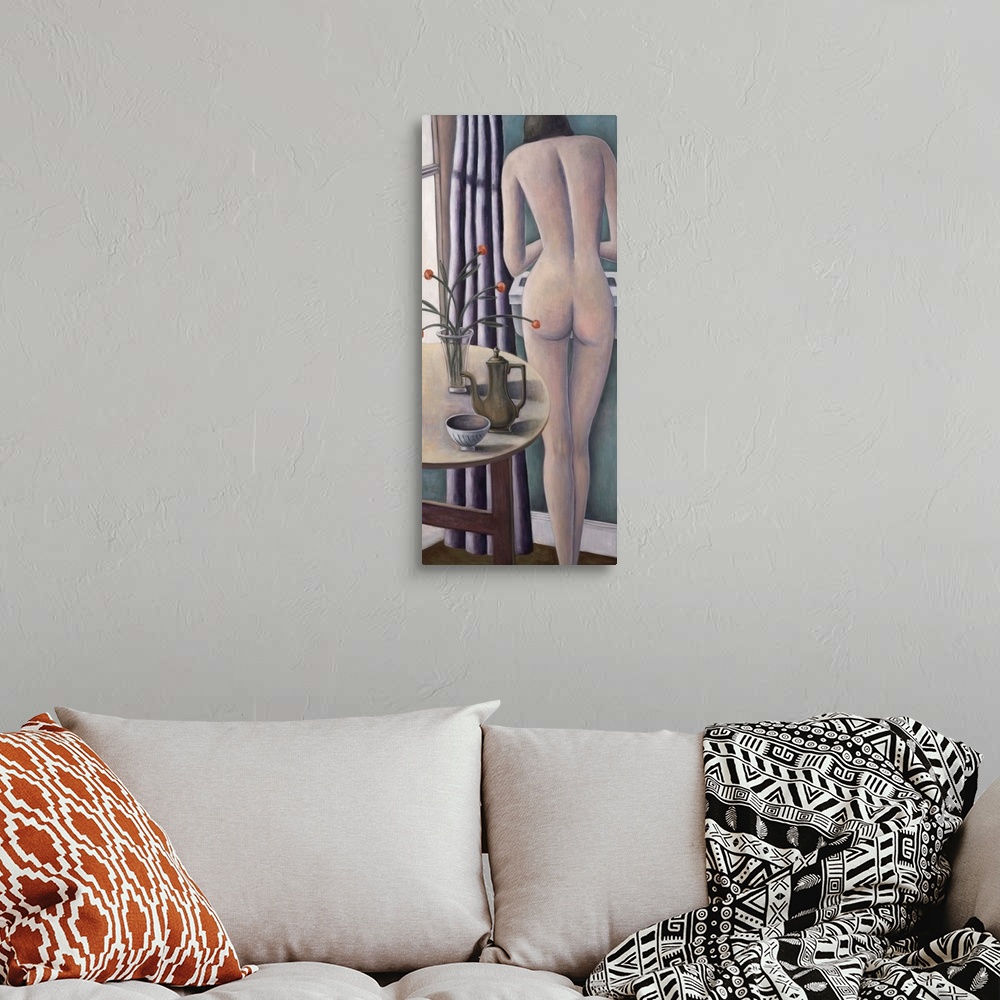 A bohemian room featuring Contemporary painting of a nude woman standing beside a table.
