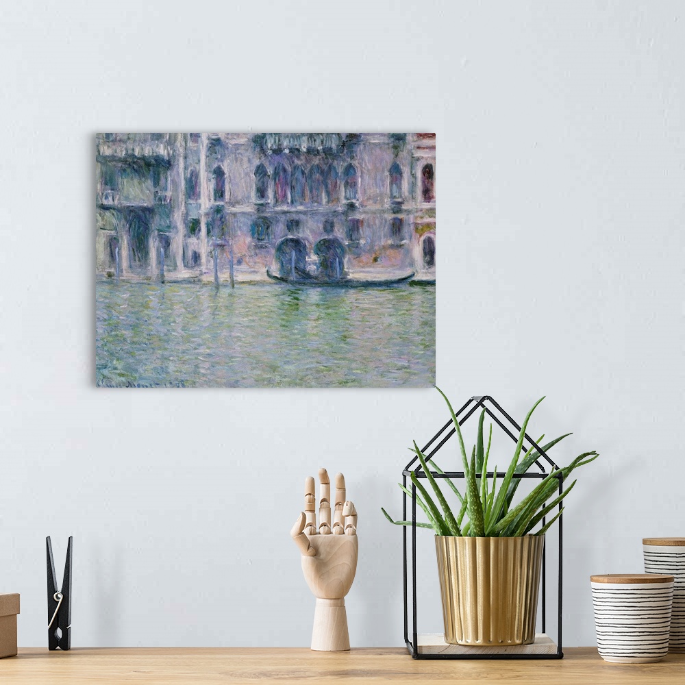A bohemian room featuring An Impressionist landscape of a manmade canal lined by historic buildings with elegant arched win...