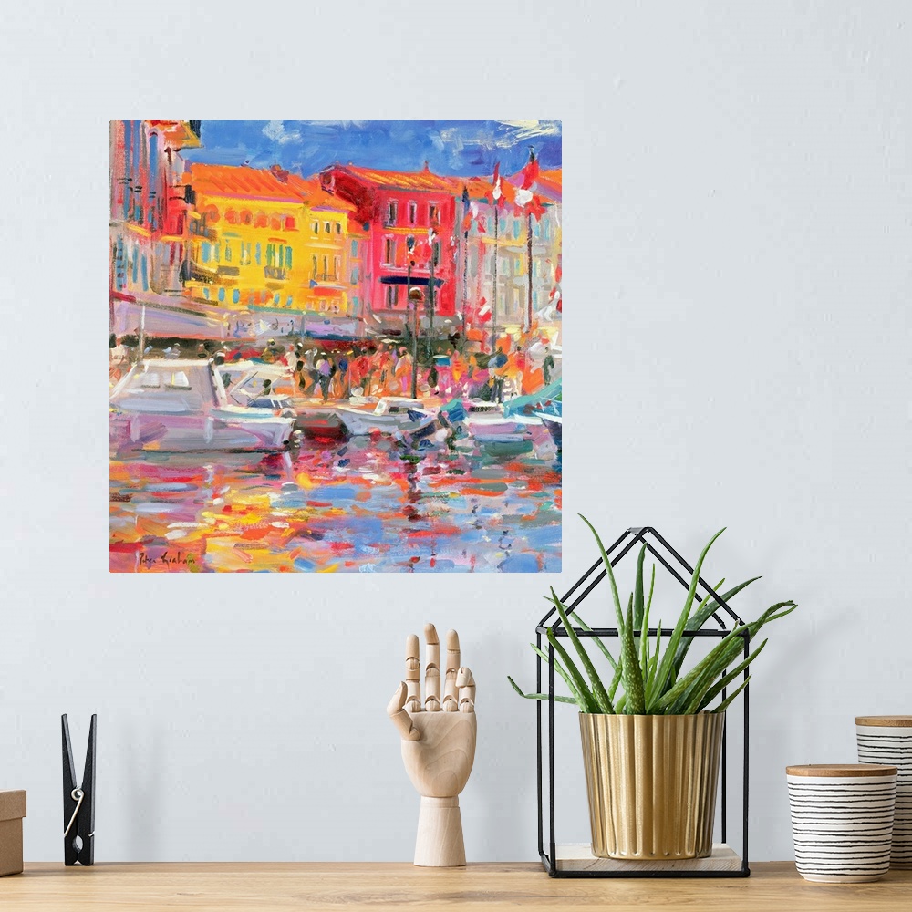 A bohemian room featuring Contemporary abstract painting of boats in a canal with buildings a long of it made up of large b...