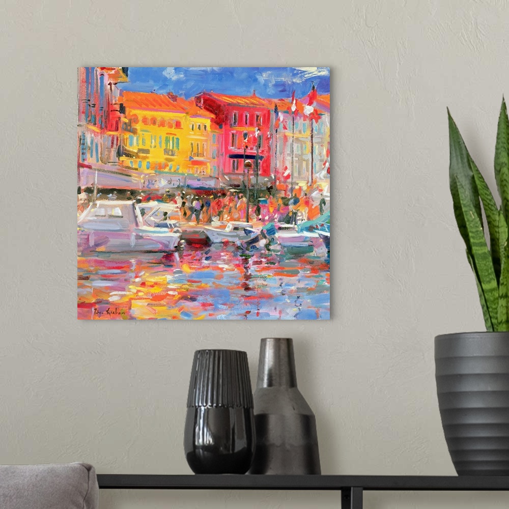 A modern room featuring Contemporary abstract painting of boats in a canal with buildings a long of it made up of large b...