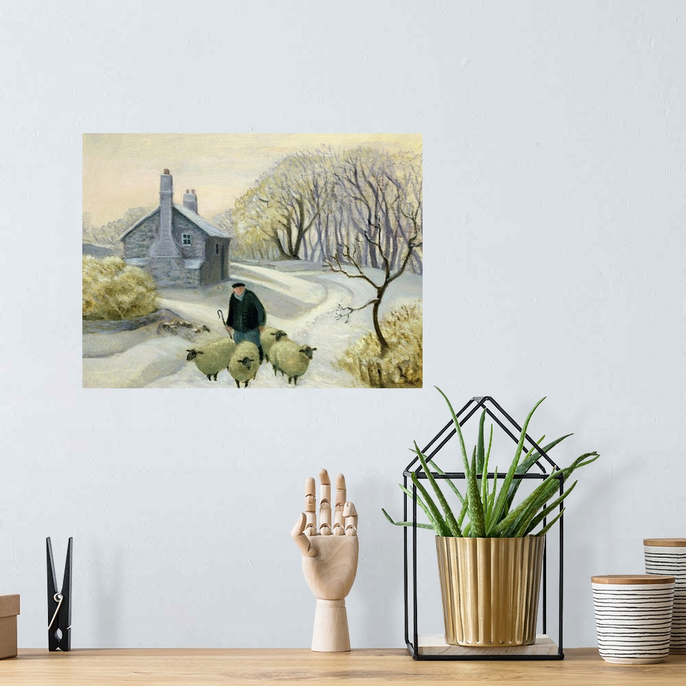 A bohemian room featuring Contemporary painting of a shepherd tending to his flock in the winter.