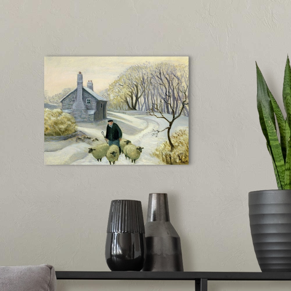 A modern room featuring Contemporary painting of a shepherd tending to his flock in the winter.