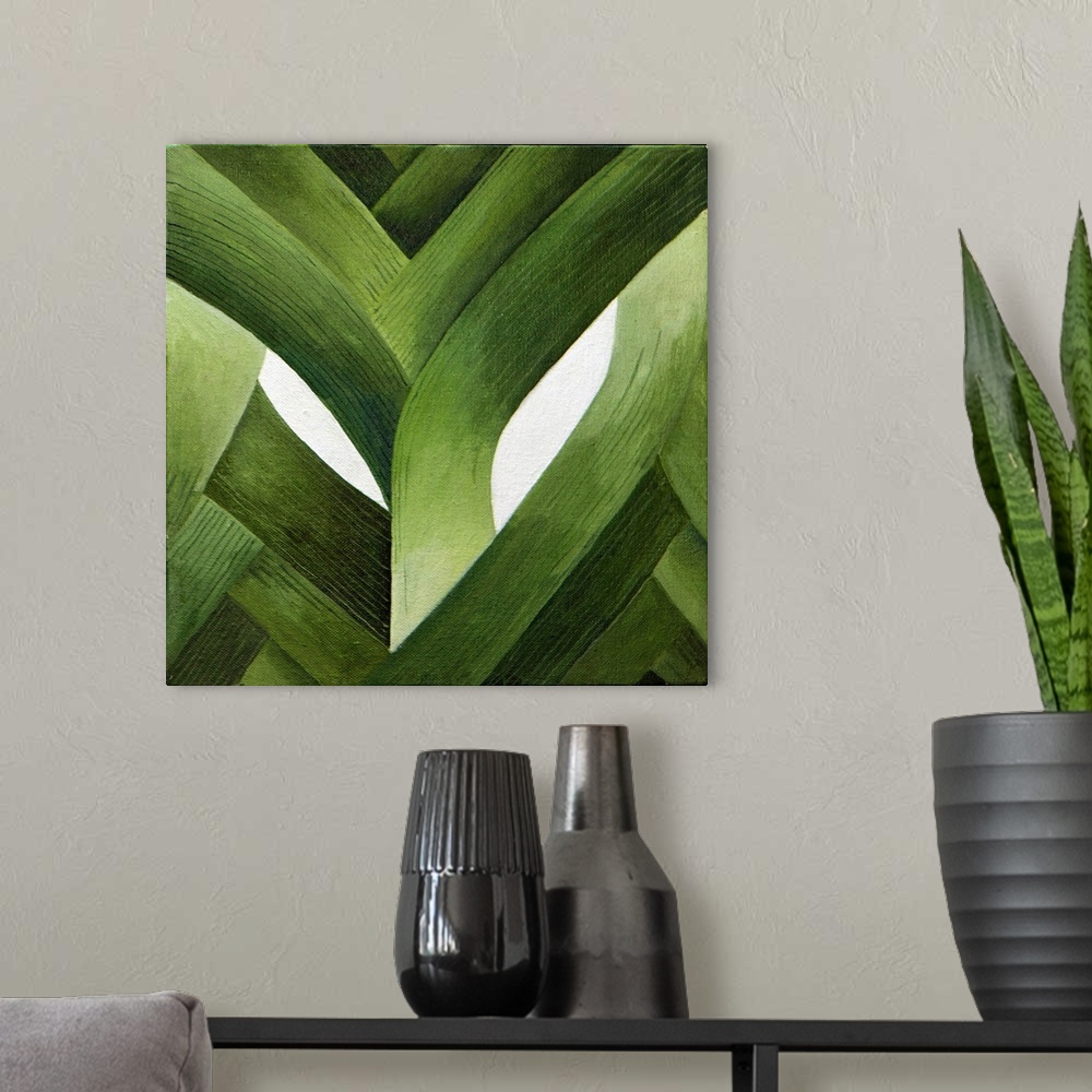 A modern room featuring Contemporary painting of a close-up of leeks.