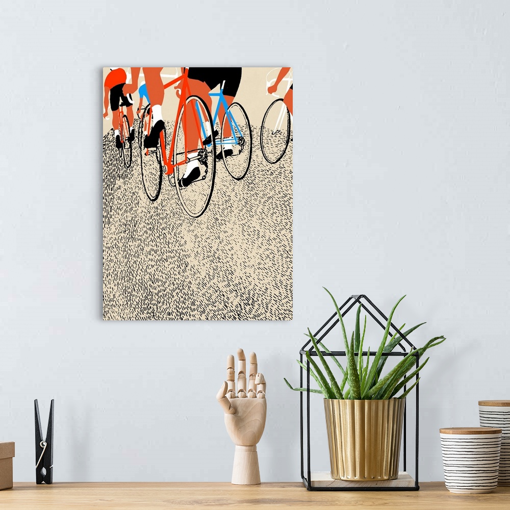 A bohemian room featuring Contemporary painting of cyclists from a low angle view.