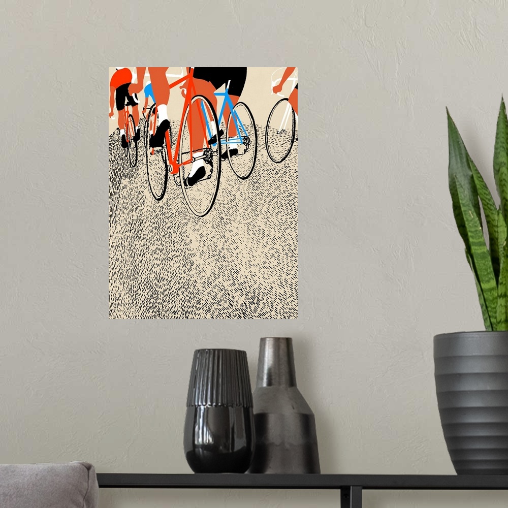 A modern room featuring Contemporary painting of cyclists from a low angle view.