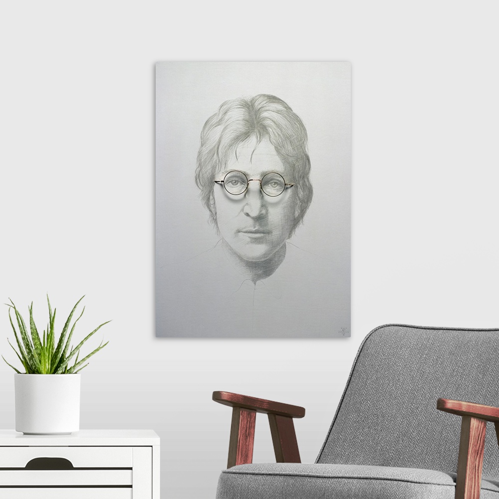 A modern room featuring Oversized, vertical artwork of a sketch of John Lennon with wavy, short hair and round glasses.  ...