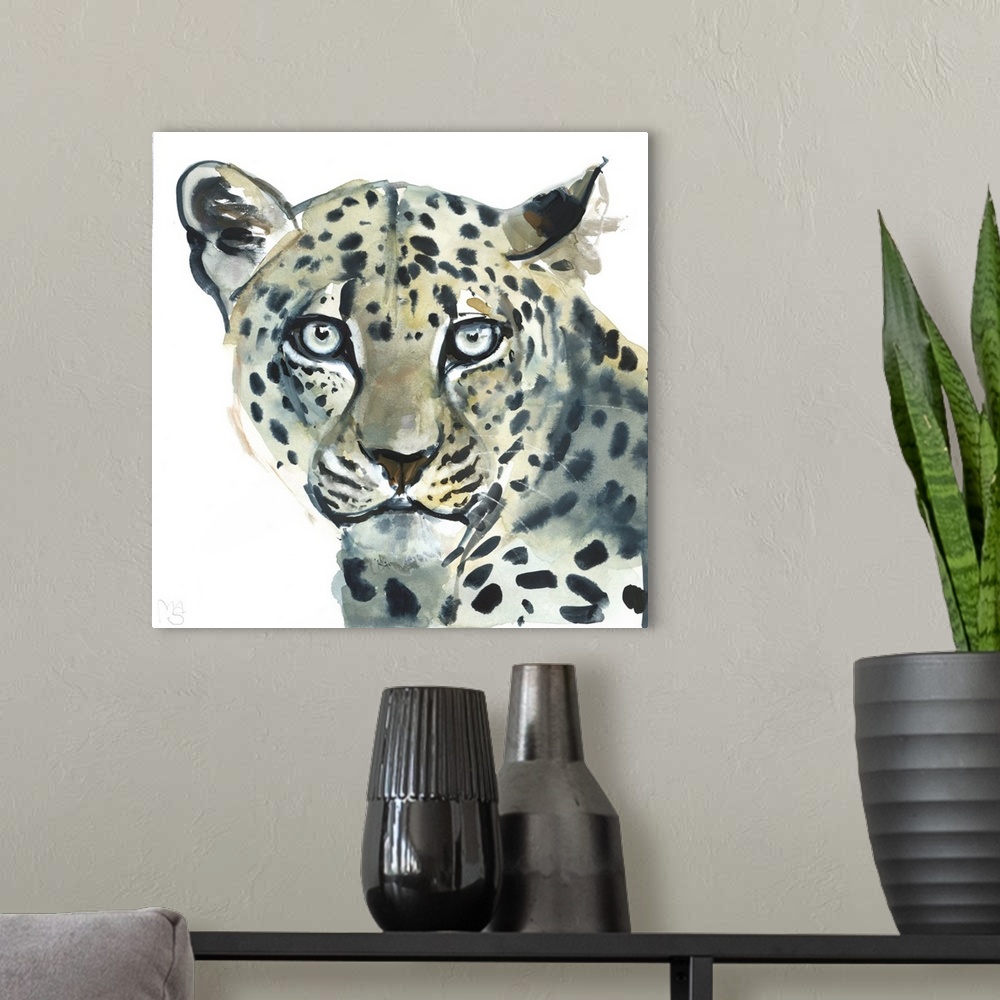 A modern room featuring Leopard, 2015, (watercolour on paper) by Mark Adlington.