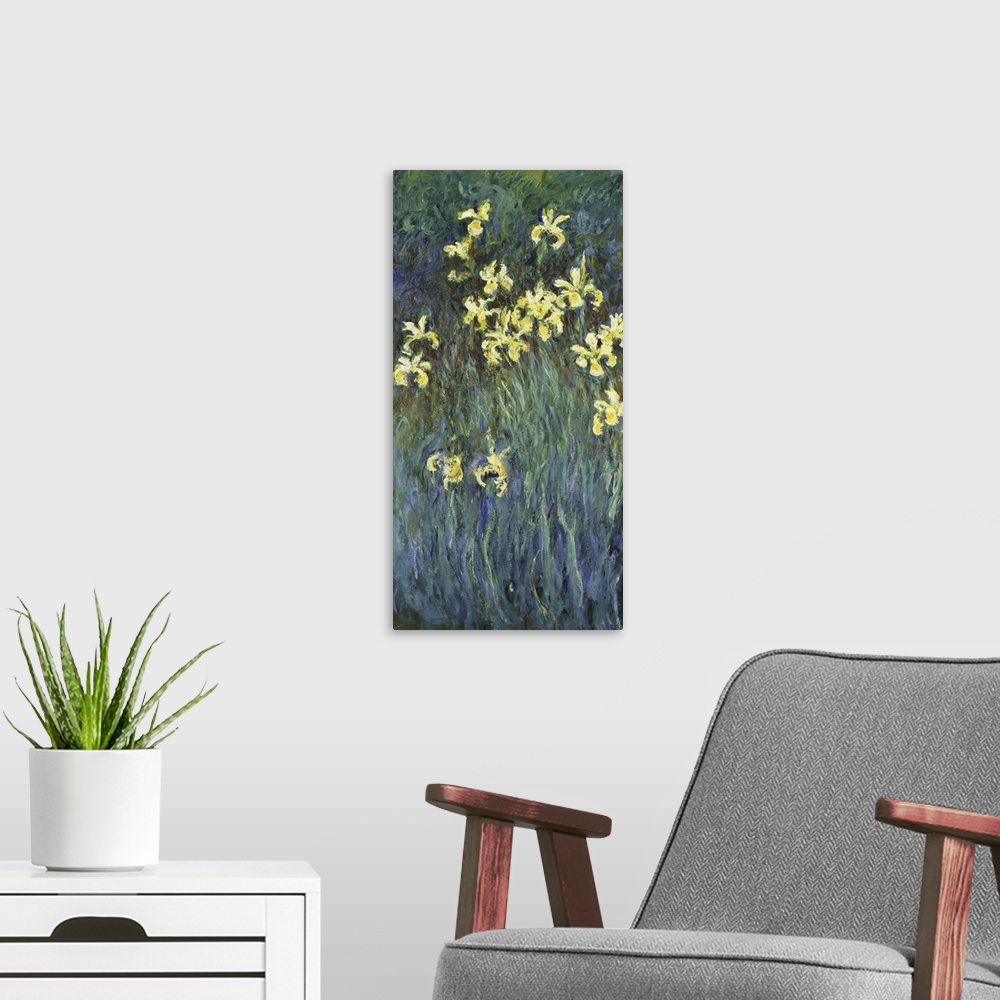 A modern room featuring Les Iris Jaunes (Yellow Irises), 1914-17