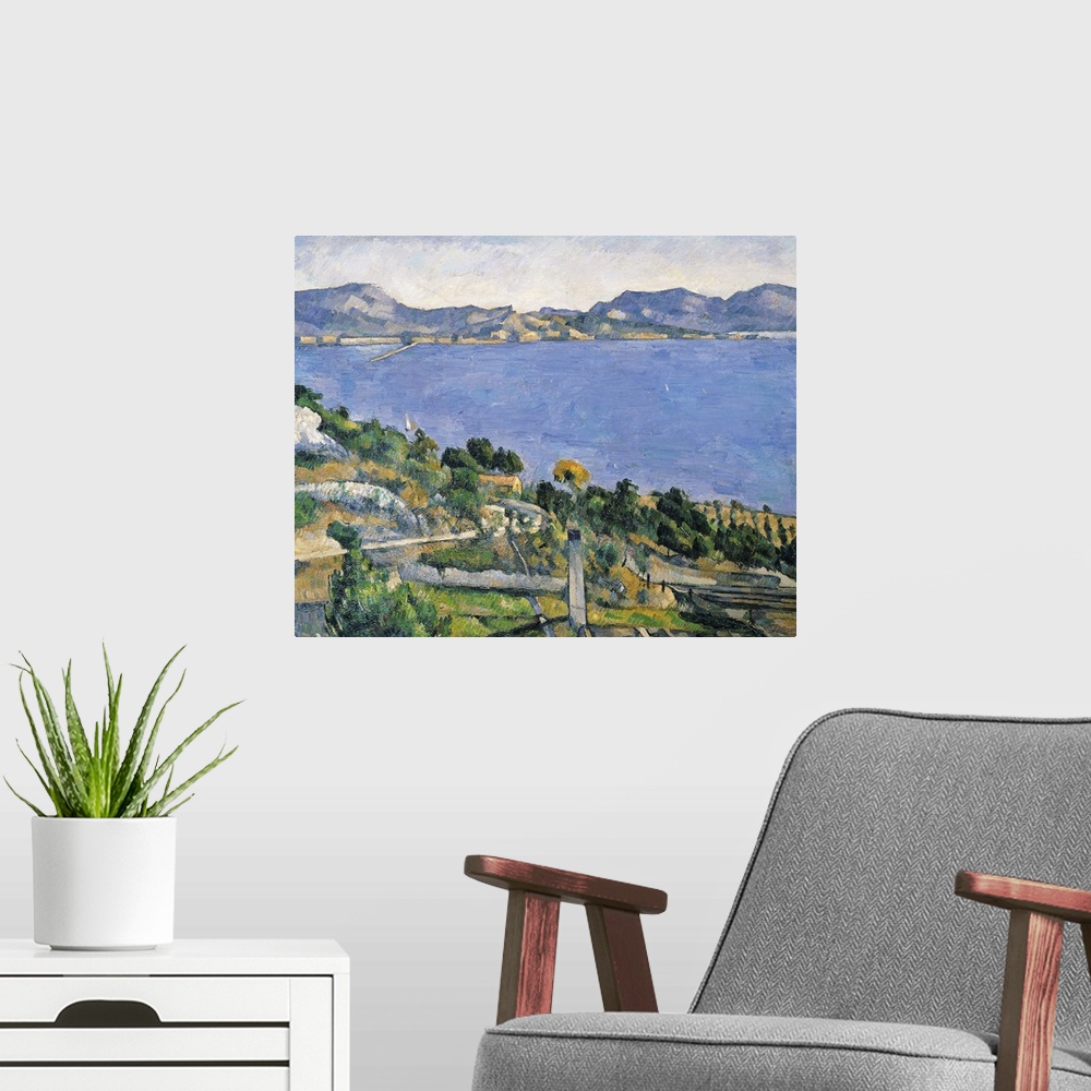 A modern room featuring Landscape classic painting of the blue waters of the Bay of Marseilles.  Trees and rocks cover th...