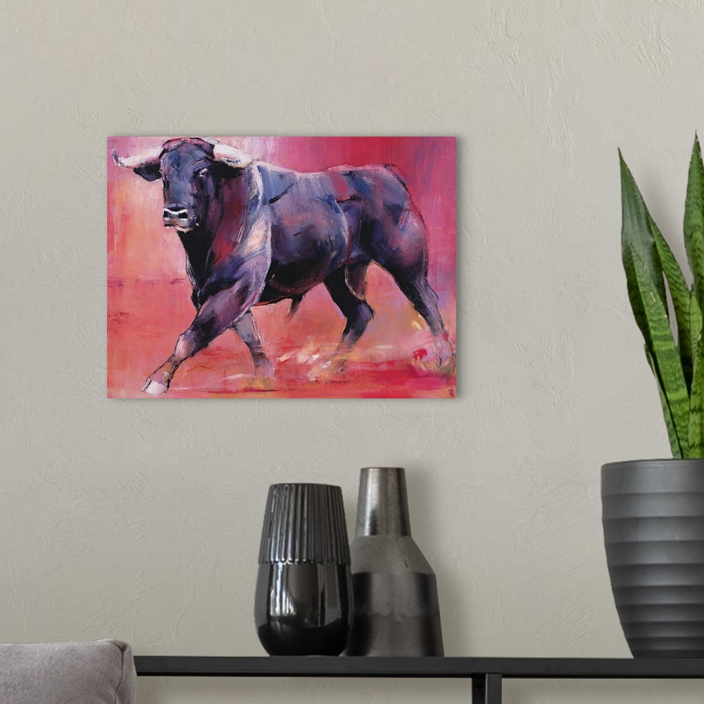 A modern room featuring Contemporary painting of a large black bull.