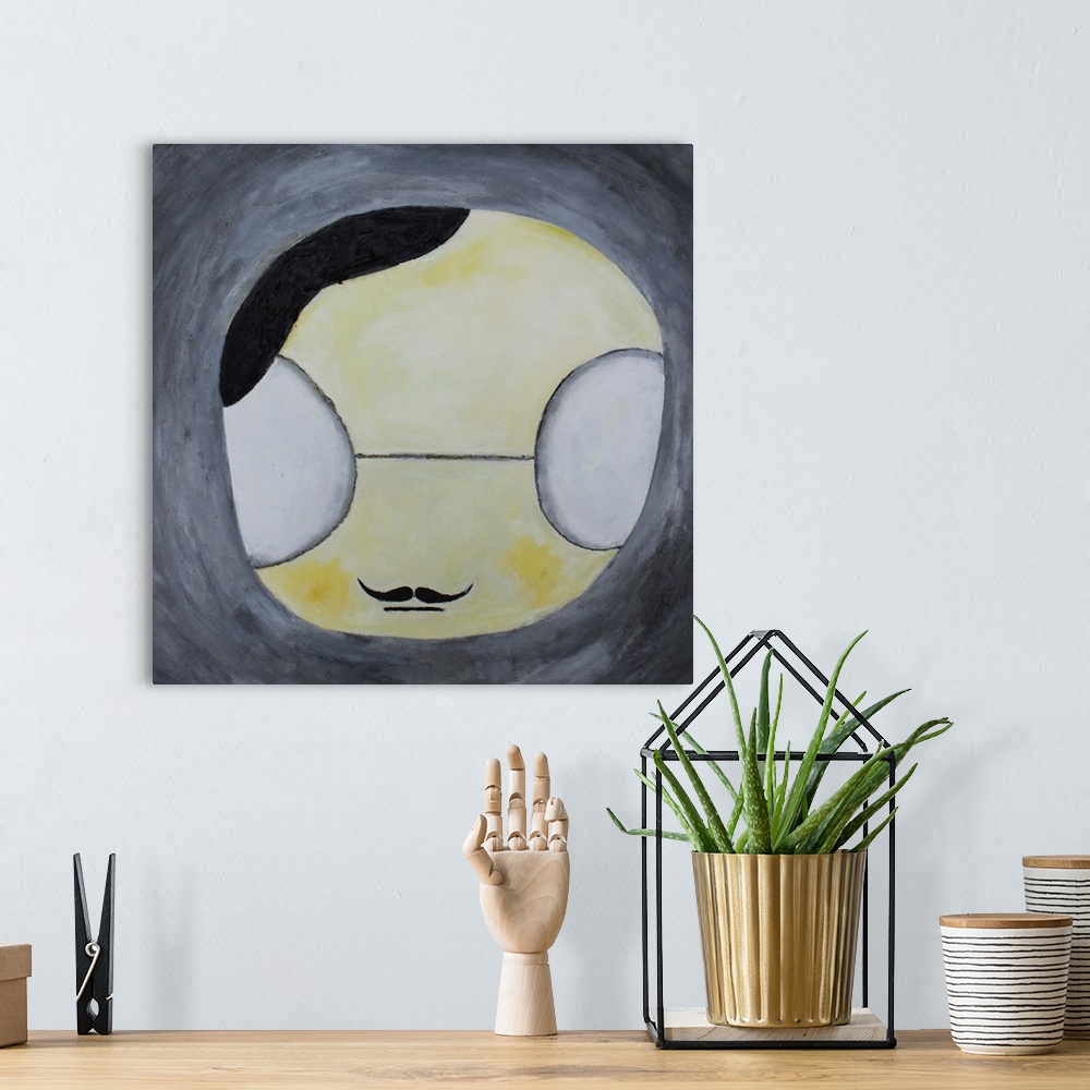 A bohemian room featuring Contemporary abstract painting of a character face.