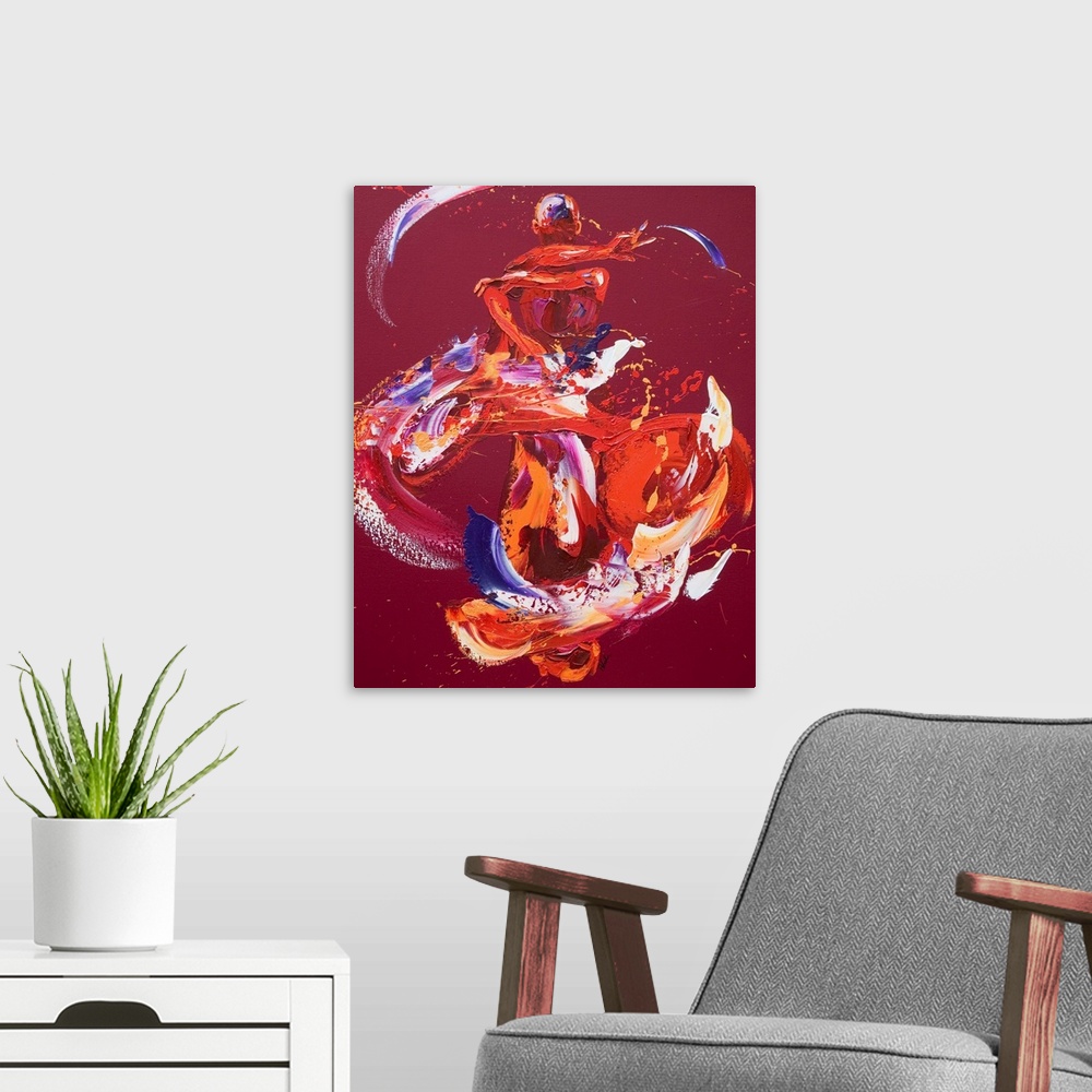 A modern room featuring Contemporary painting using deep warm colors to create a woman dancing against a dark red backgro...