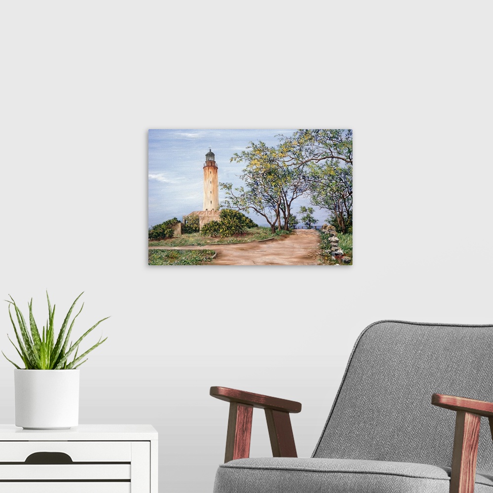 A modern room featuring Painting of dirt path circling watch tower surrounded by bushes.