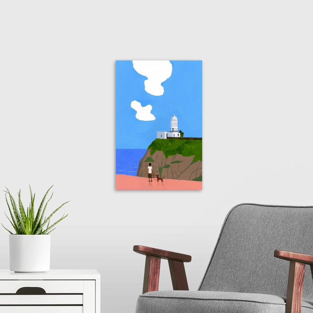 A modern room featuring Lighthouse, Dog And Boys