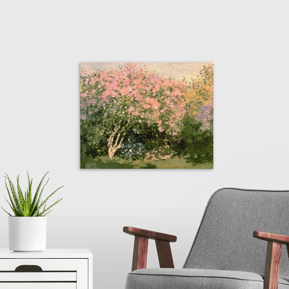 A modern room featuring Giant classic art depicts a few lush trees enjoying the sunlight while surrounded by bushes and g...