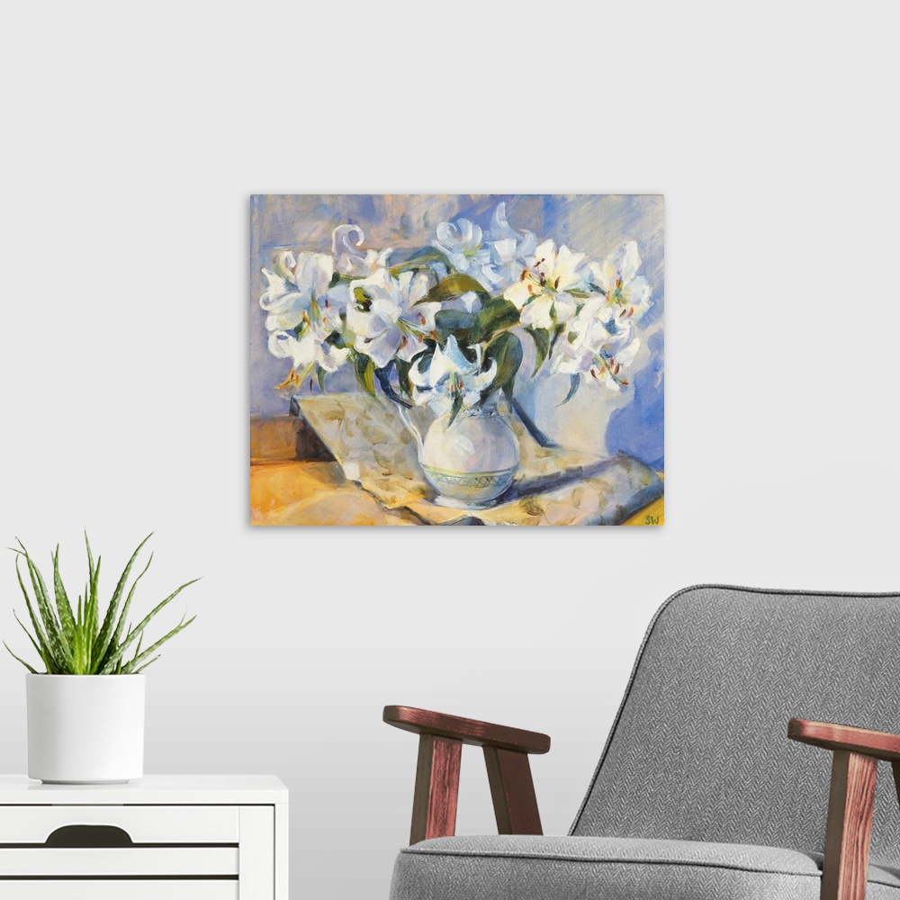 A modern room featuring Lilies in white jug, 2000, oil on canvas.