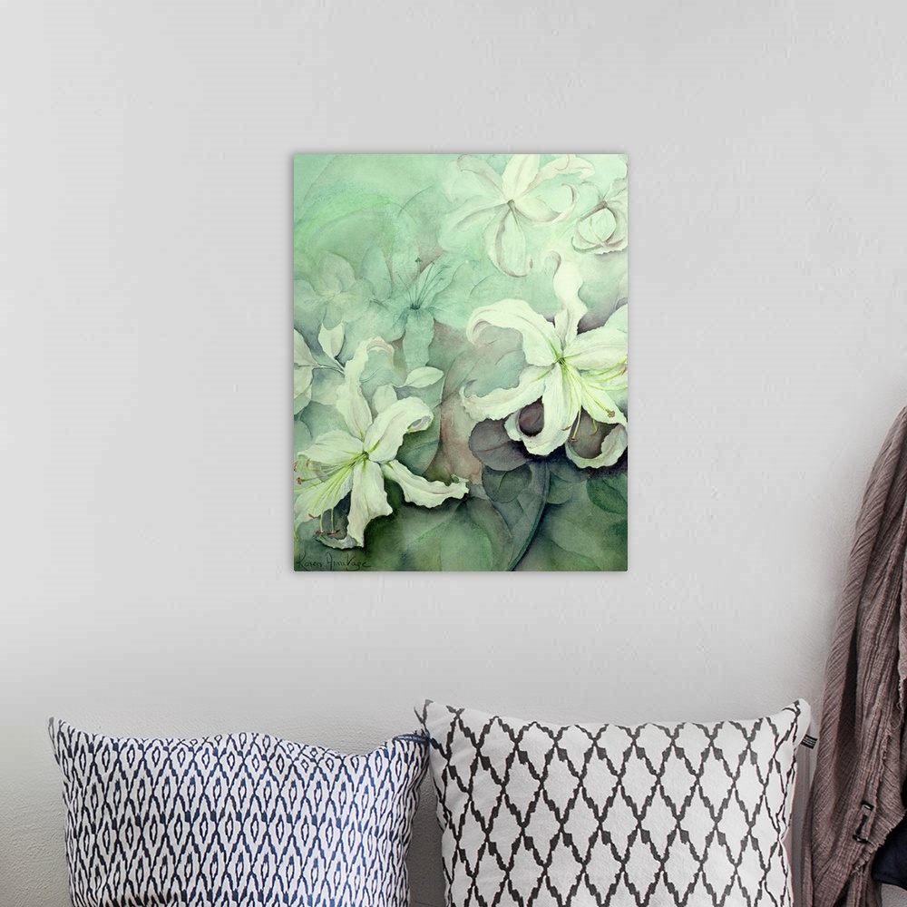 A bohemian room featuring Big artwork of white Auratum lilly flowers in cooling tones.