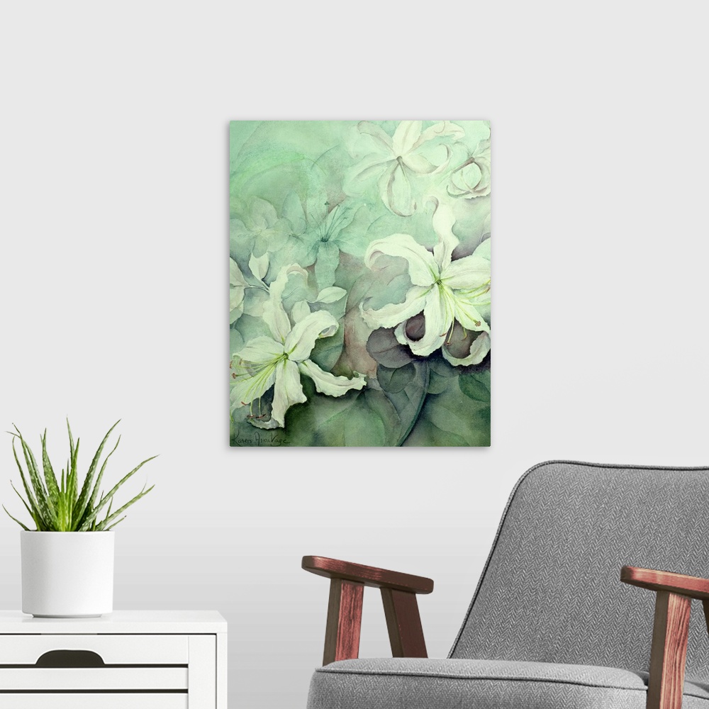 A modern room featuring Big artwork of white Auratum lilly flowers in cooling tones.