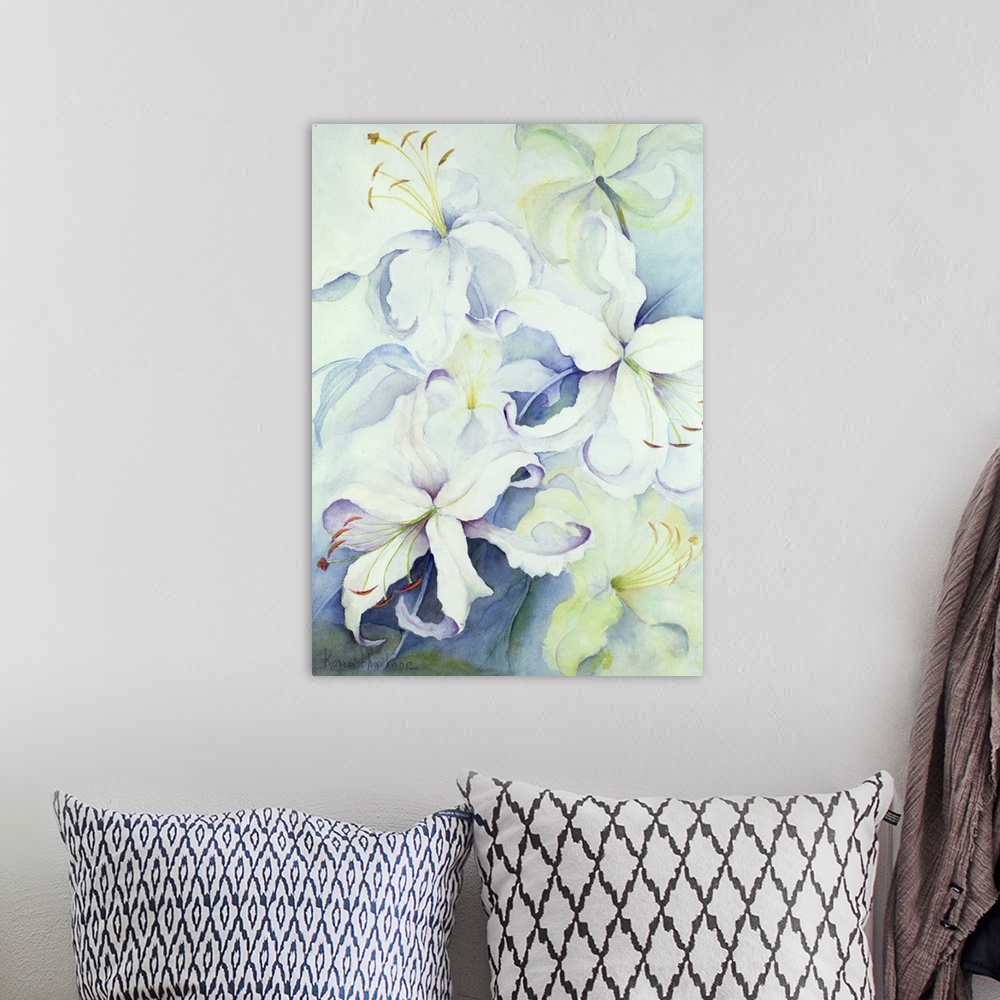 A bohemian room featuring A piece of contemporary artwork that is a drawing of delicate white flowers with the center of th...