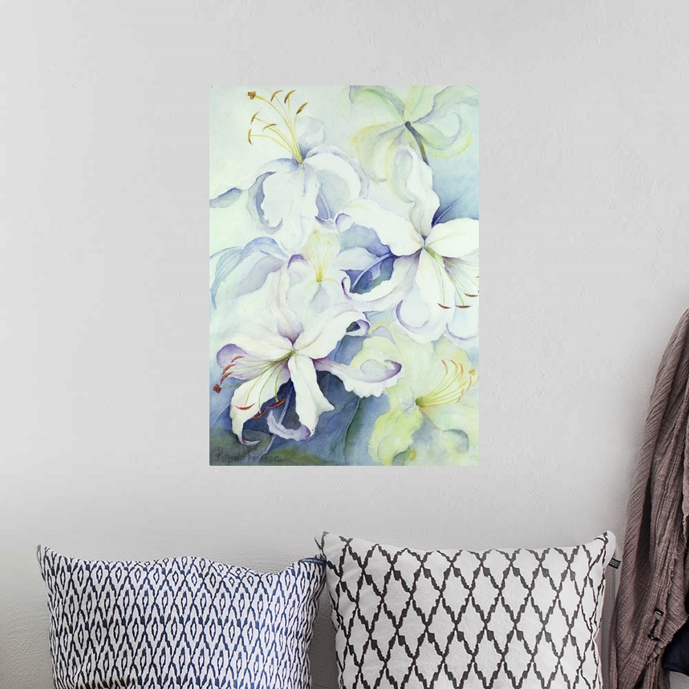 A bohemian room featuring A piece of contemporary artwork that is a drawing of delicate white flowers with the center of th...