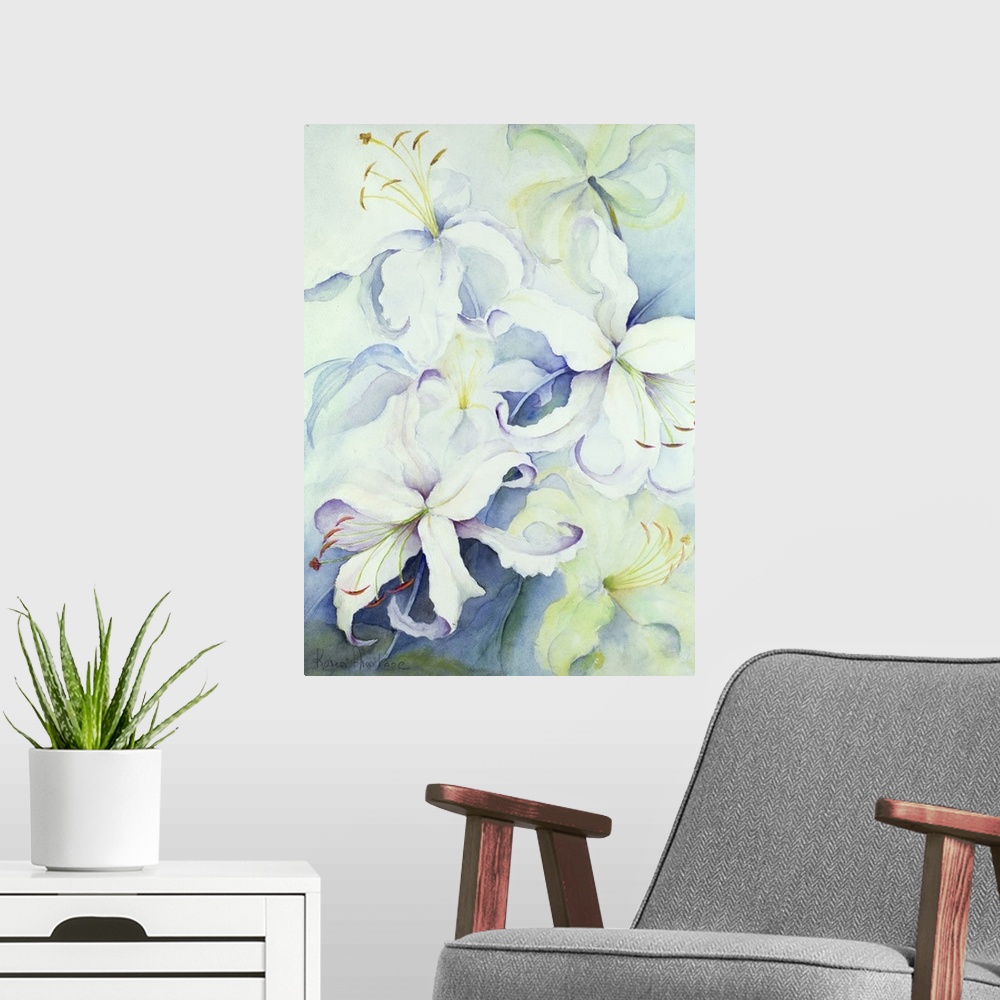 A modern room featuring A piece of contemporary artwork that is a drawing of delicate white flowers with the center of th...