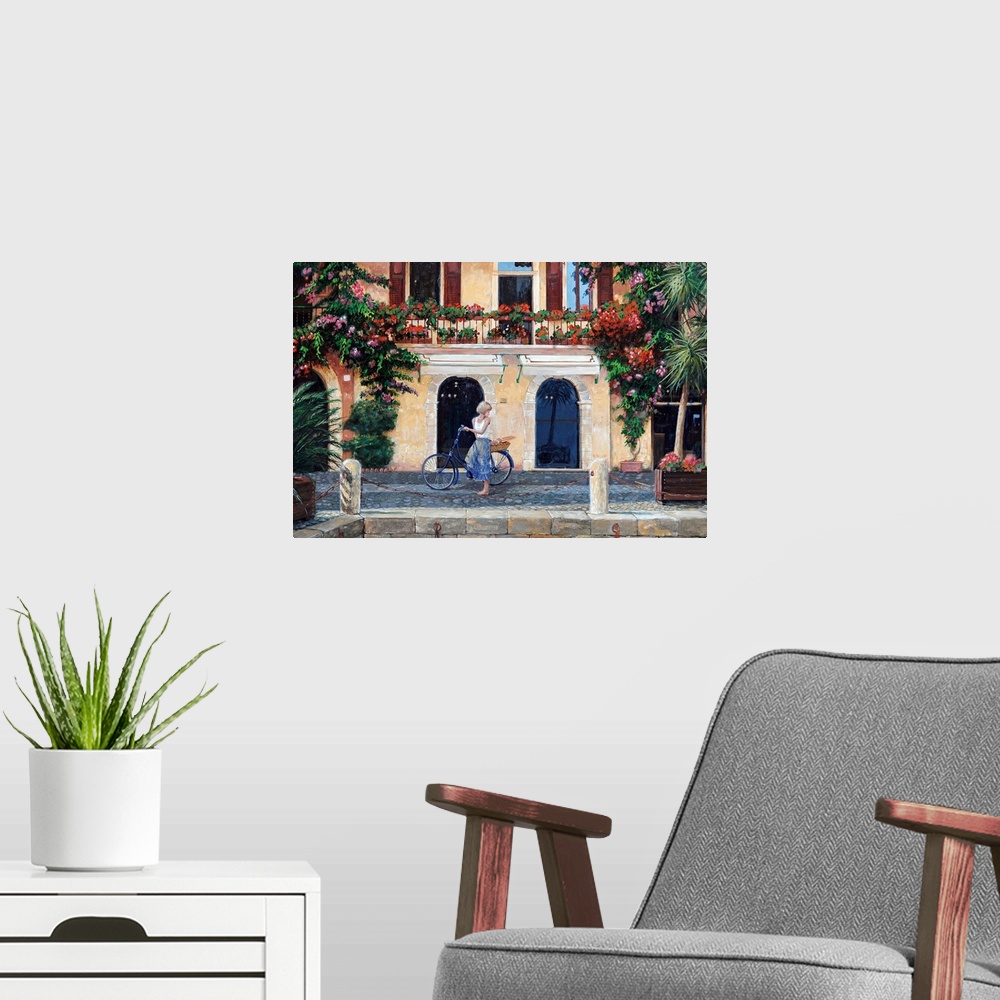 A modern room featuring Big oil painting on canvas of a woman riding a bike through an Italian street.