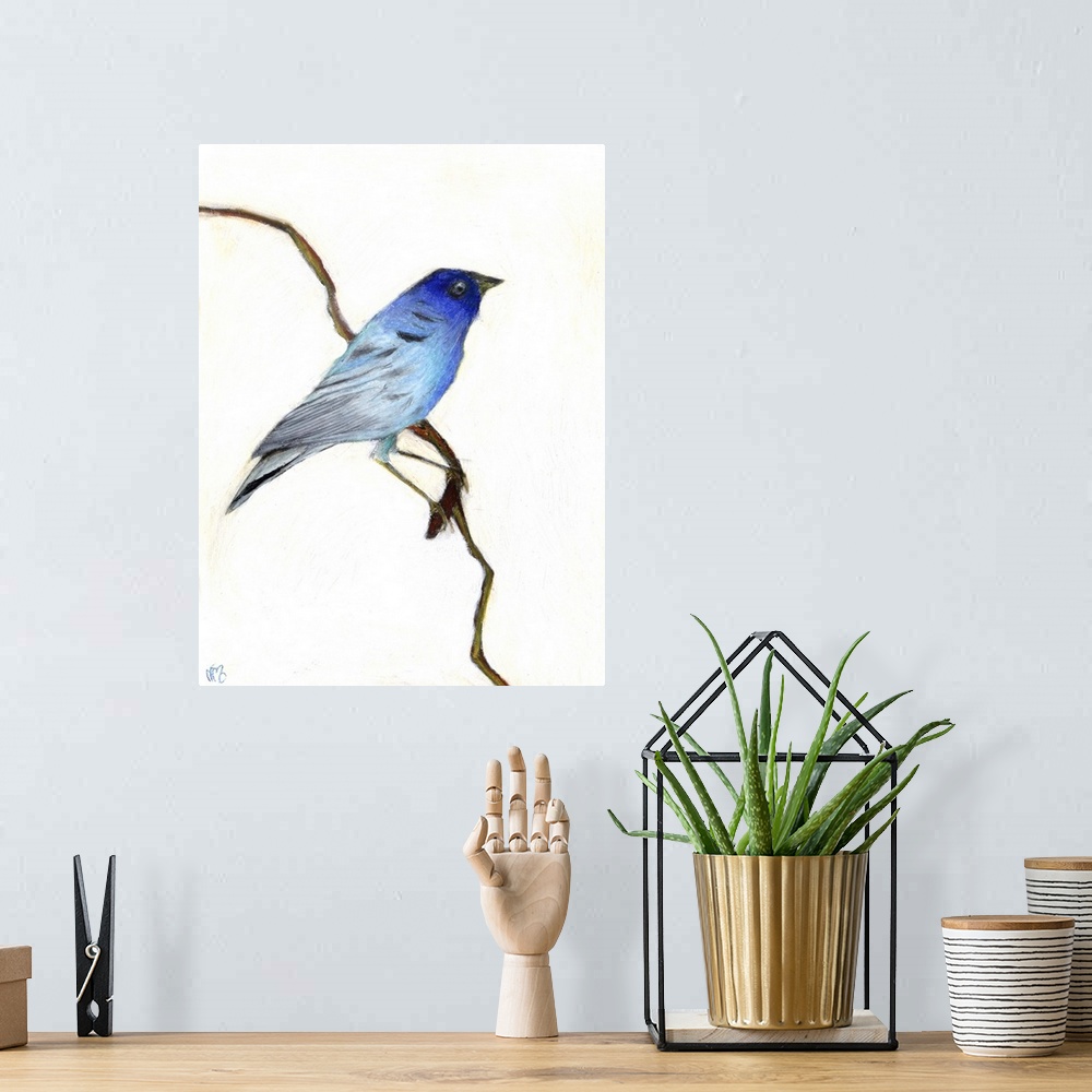 A bohemian room featuring Contemporary painting of a blue bird on a thin branch against a neutral background.