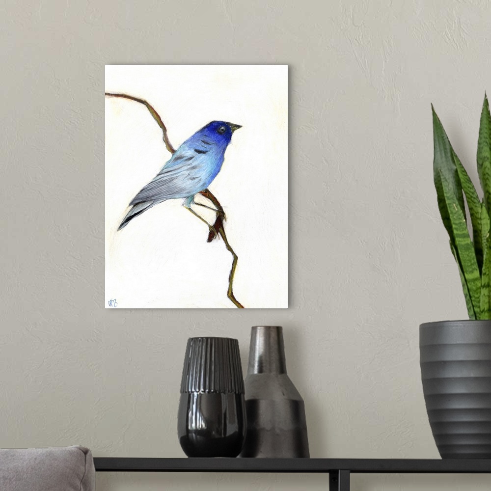 A modern room featuring Contemporary painting of a blue bird on a thin branch against a neutral background.