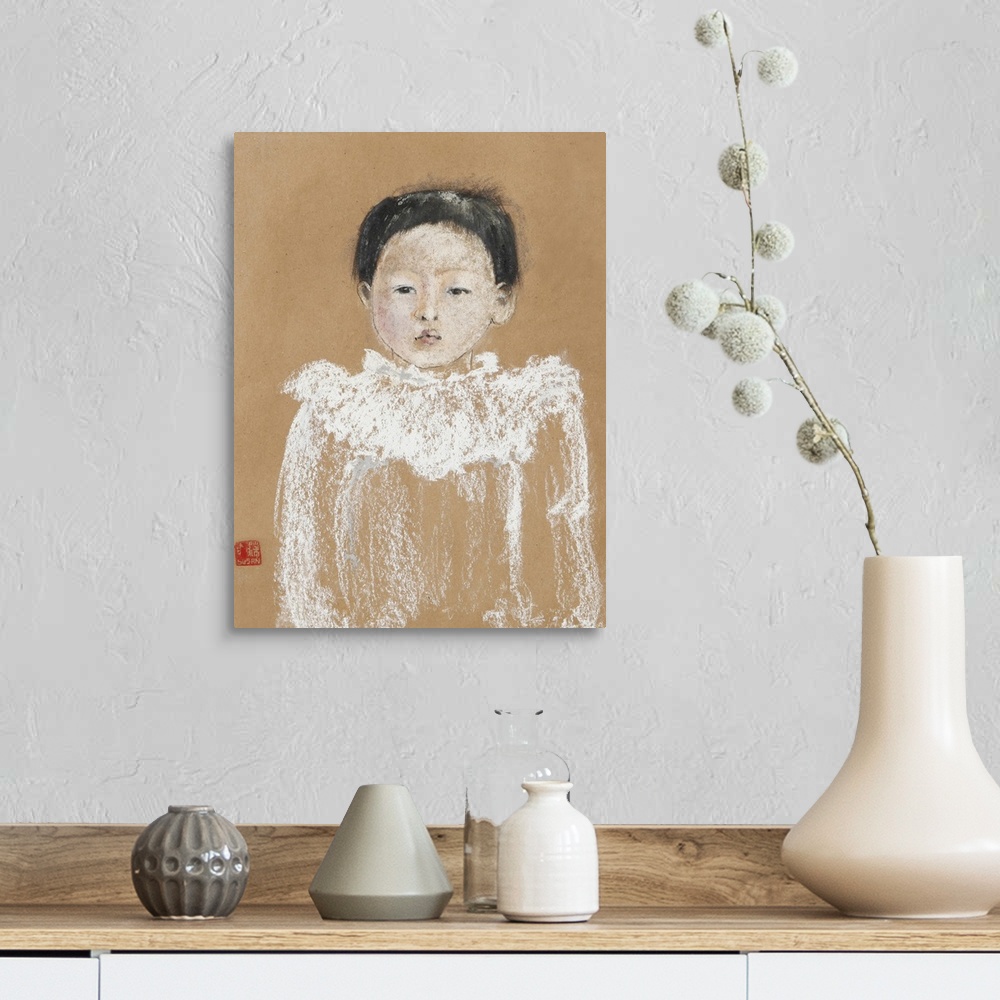 A farmhouse room featuring Contemporary painting of a portrait of a small child.