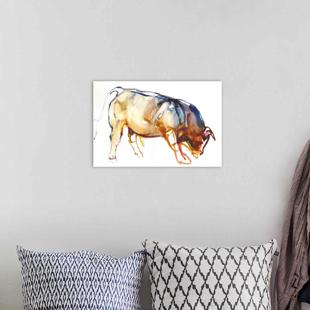 A bohemian room featuring Contemporary artwork of a bull against a white background.