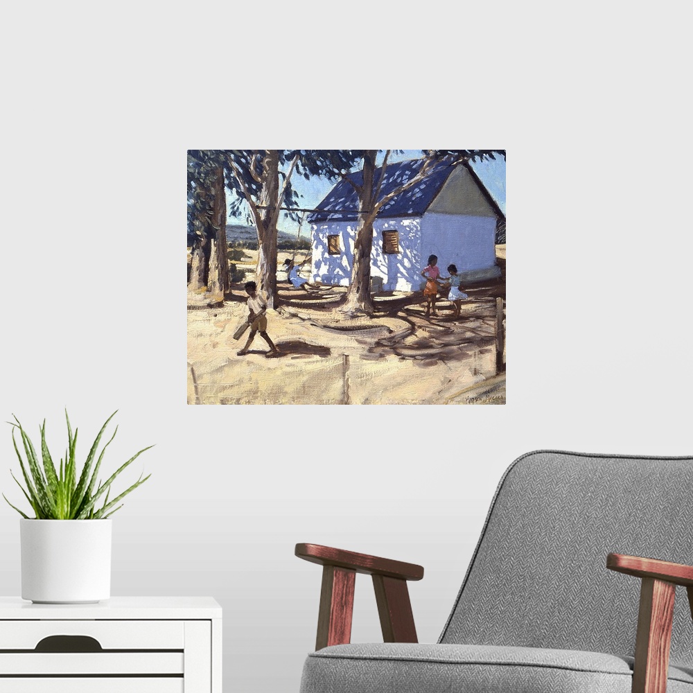 A modern room featuring Children in Africa play outside underneath large trees right next to their home.