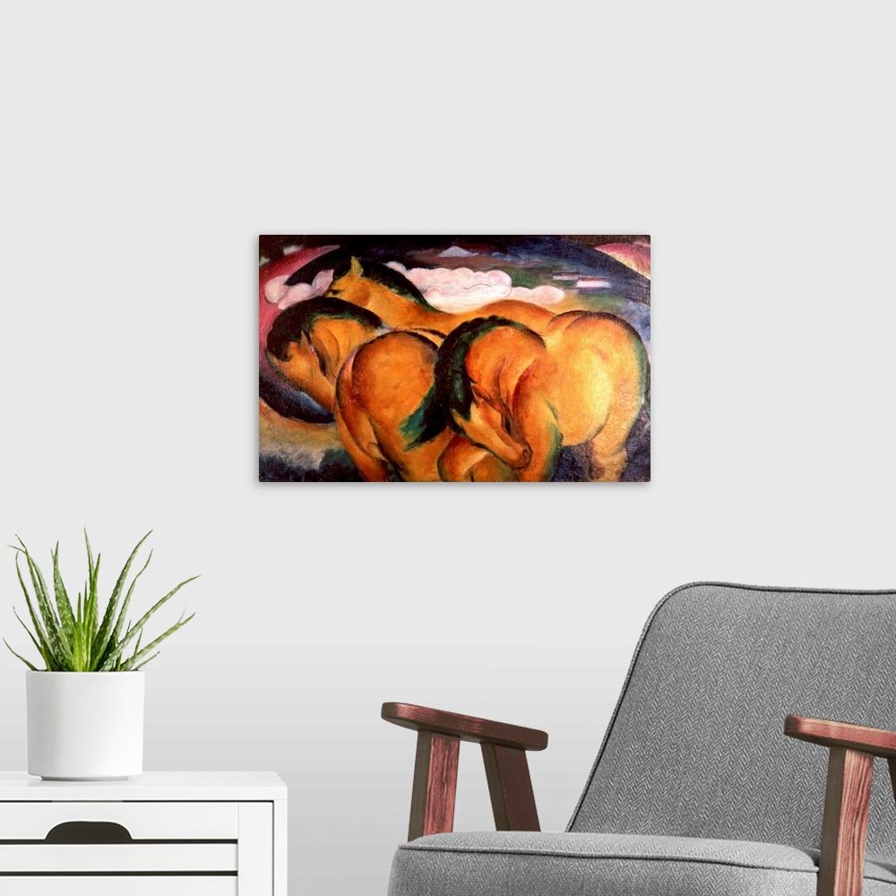A modern room featuring A painting from early 20th century depicting horses created with large, round, sculptural shapes.