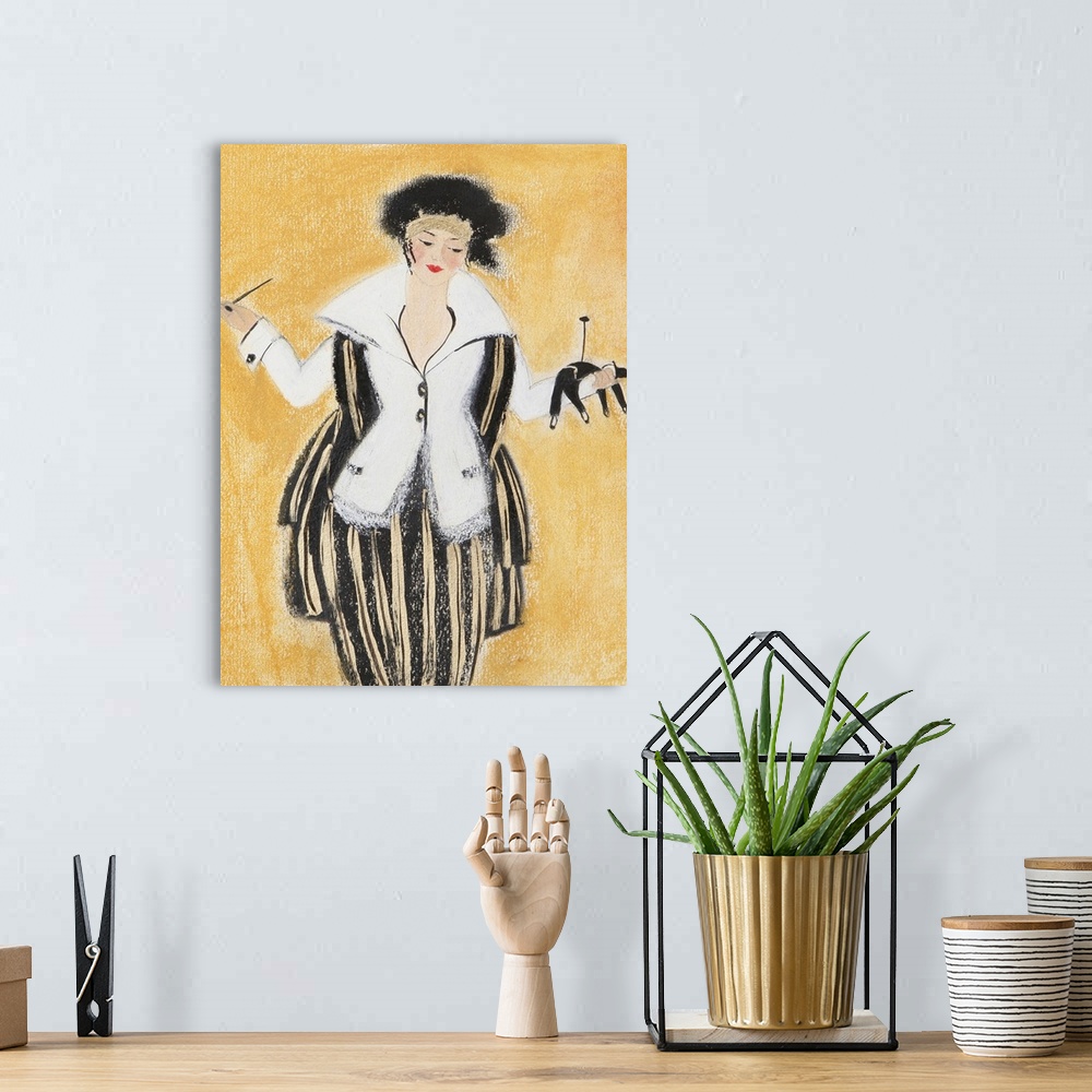 A bohemian room featuring Contemporary painting of a woman in a striped outfit.