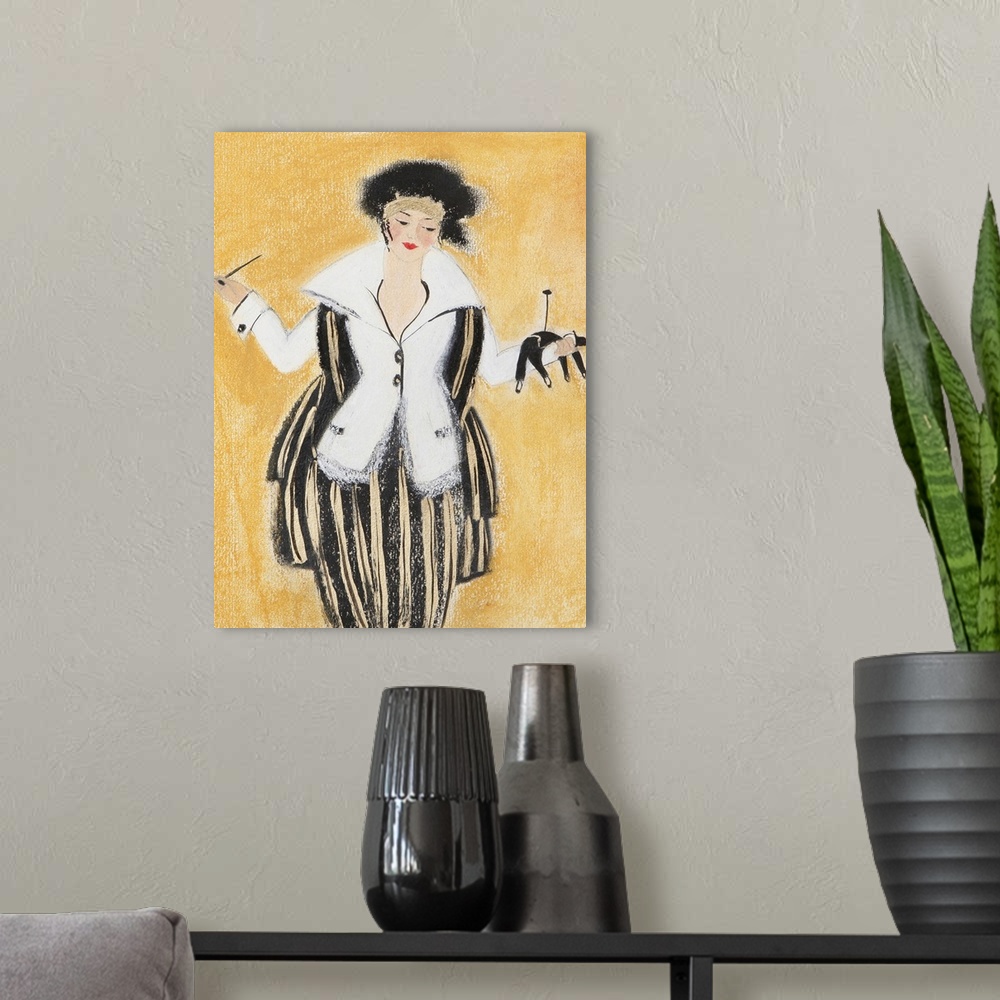 A modern room featuring Contemporary painting of a woman in a striped outfit.