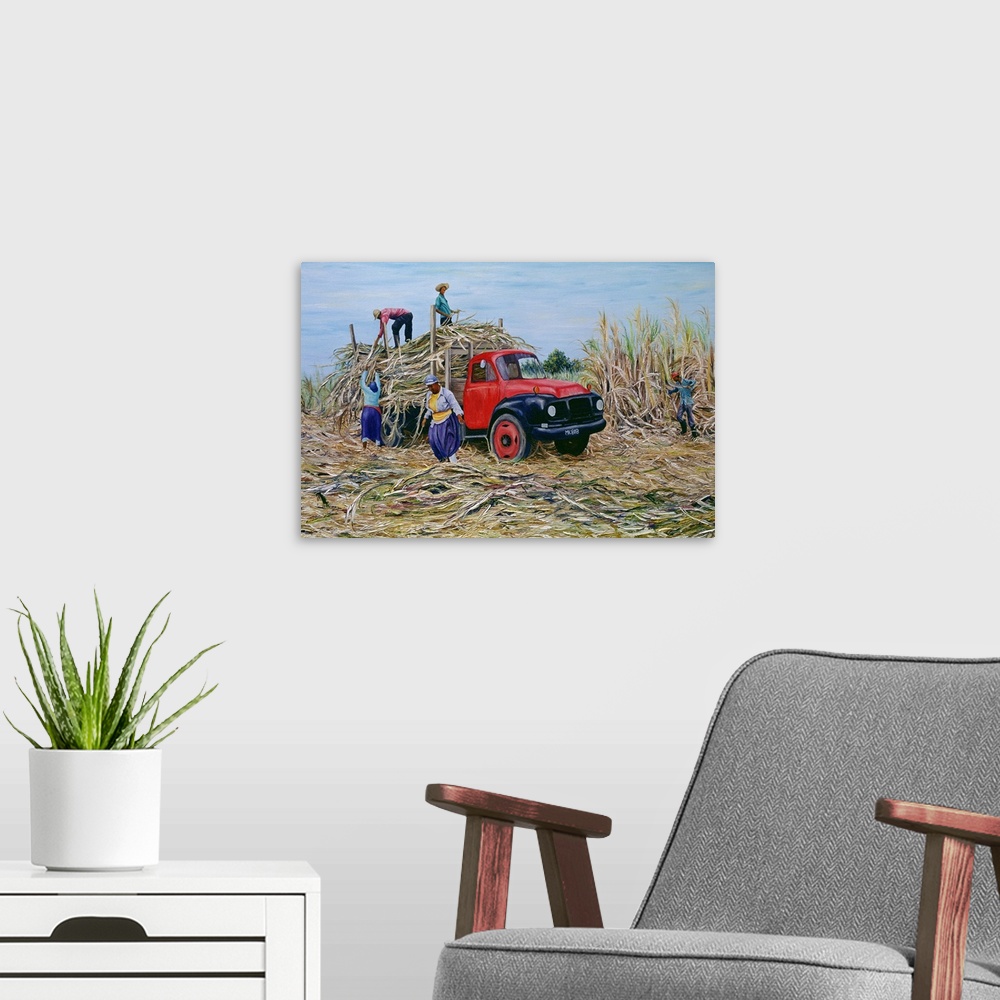 A modern room featuring Oil painting on canvas of five people loading canes onto a truck in the middle of a field.