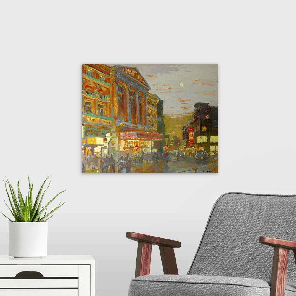 A modern room featuring Large painting on canvas of a London street in the evening.
