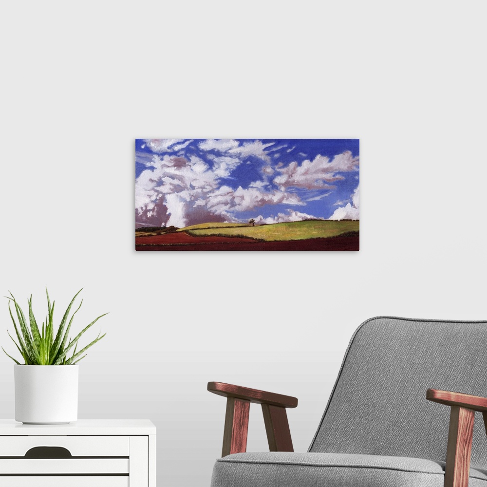 A modern room featuring Contemporary painting of a countryside scene.