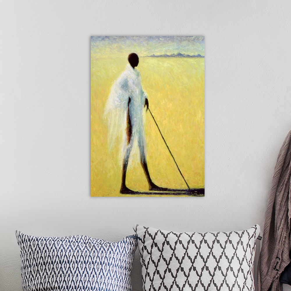 A bohemian room featuring A vertical impressionistic painting of a stylized and elongated black figure draped in wispy fabr...