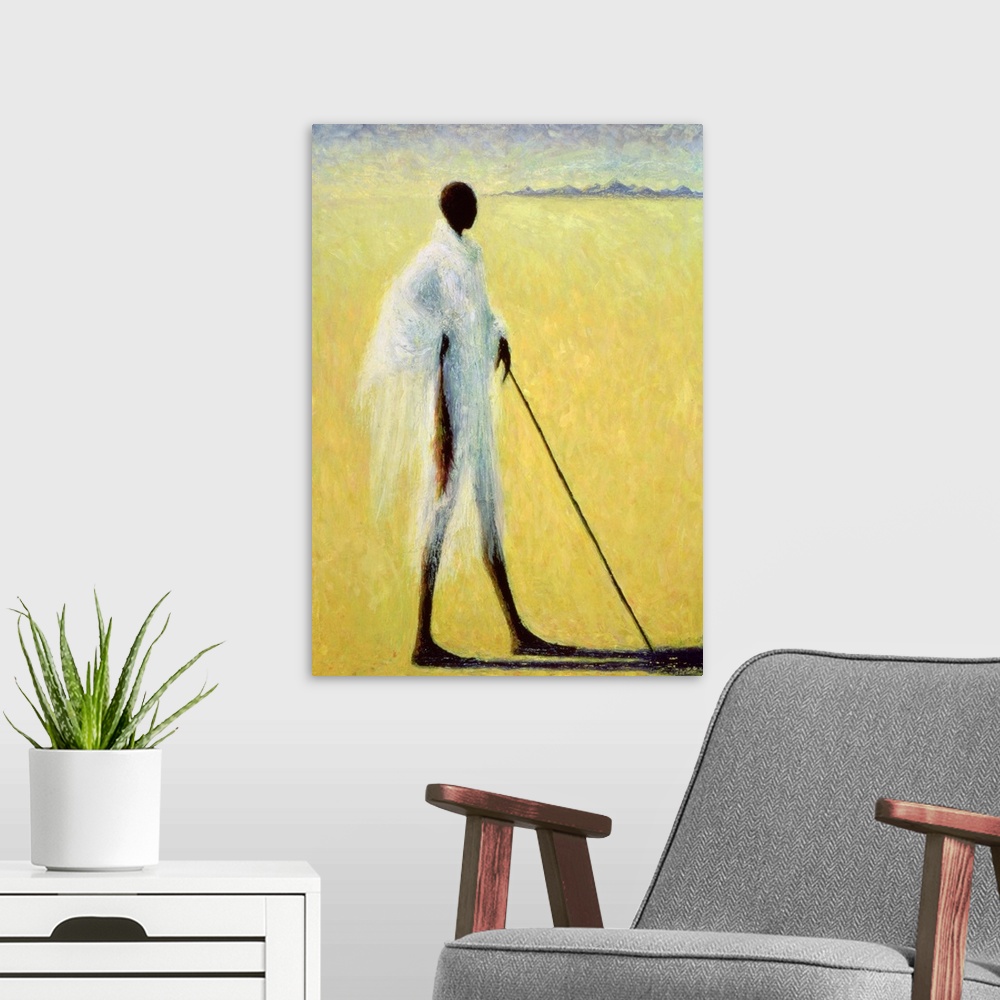 A modern room featuring A vertical impressionistic painting of a stylized and elongated black figure draped in wispy fabr...