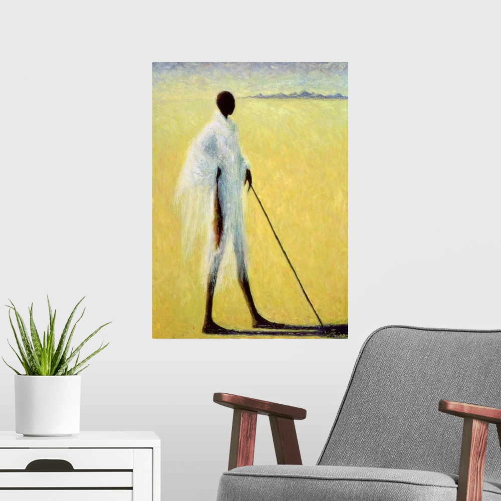 A modern room featuring A vertical impressionistic painting of a stylized and elongated black figure draped in wispy fabr...