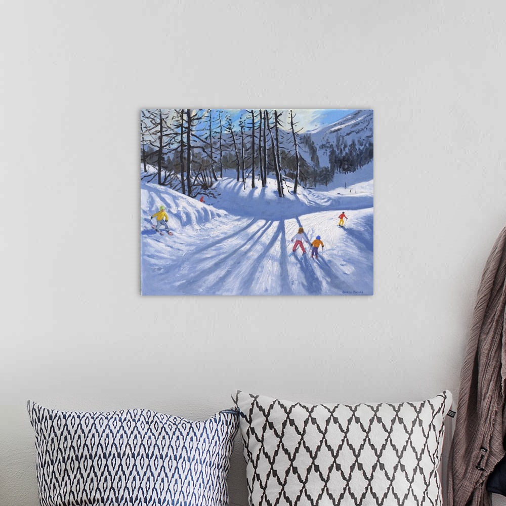 A bohemian room featuring Long tree shadows and skiers, Tignes, 2016-2019. Originally oil on canvas.