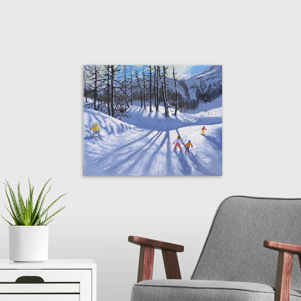 A modern room featuring Long tree shadows and skiers, Tignes, 2016-2019. Originally oil on canvas.