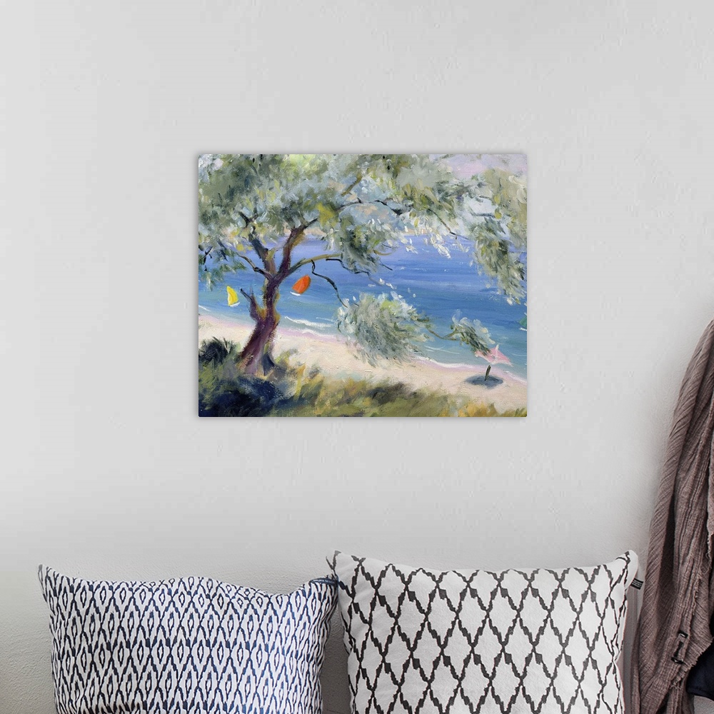 A bohemian room featuring Contemporary oil painting of a tree overlooking a beach with umbrellas and brightly colored sailb...