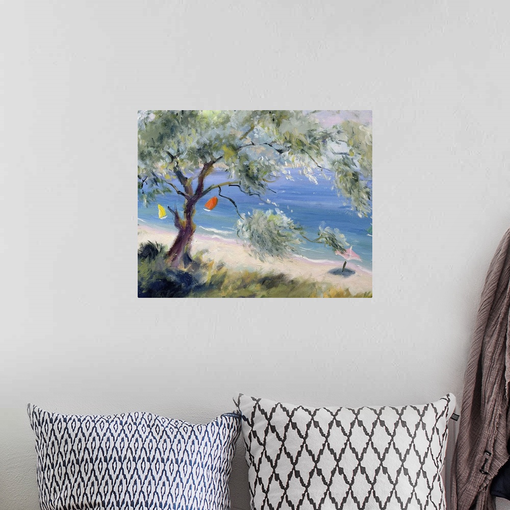 A bohemian room featuring Contemporary oil painting of a tree overlooking a beach with umbrellas and brightly colored sailb...