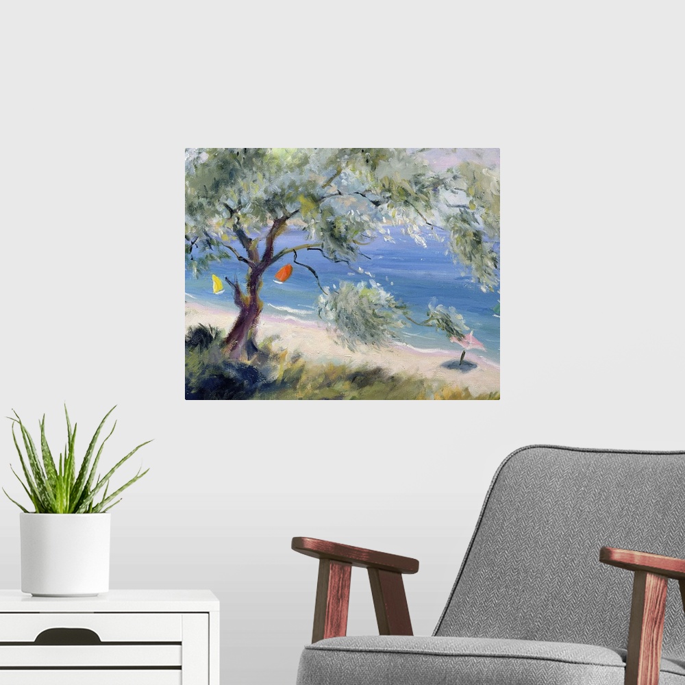 A modern room featuring Contemporary oil painting of a tree overlooking a beach with umbrellas and brightly colored sailb...