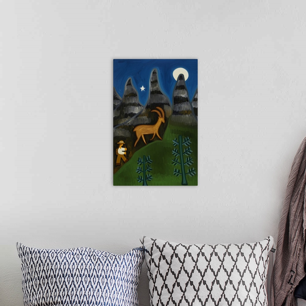 A bohemian room featuring Contemporary painting of a goat in a forest at night.