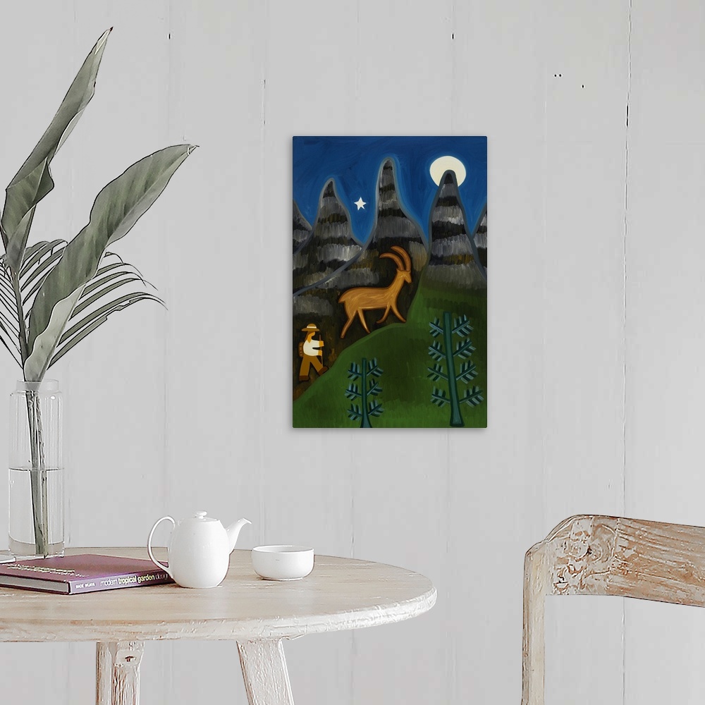 A farmhouse room featuring Contemporary painting of a goat in a forest at night.